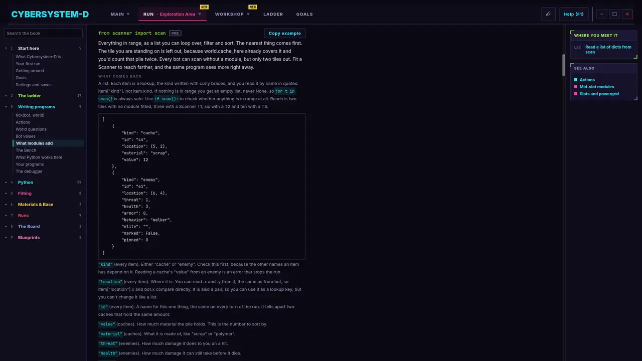 The handbook page for `scan`, with a sample of what it returns.